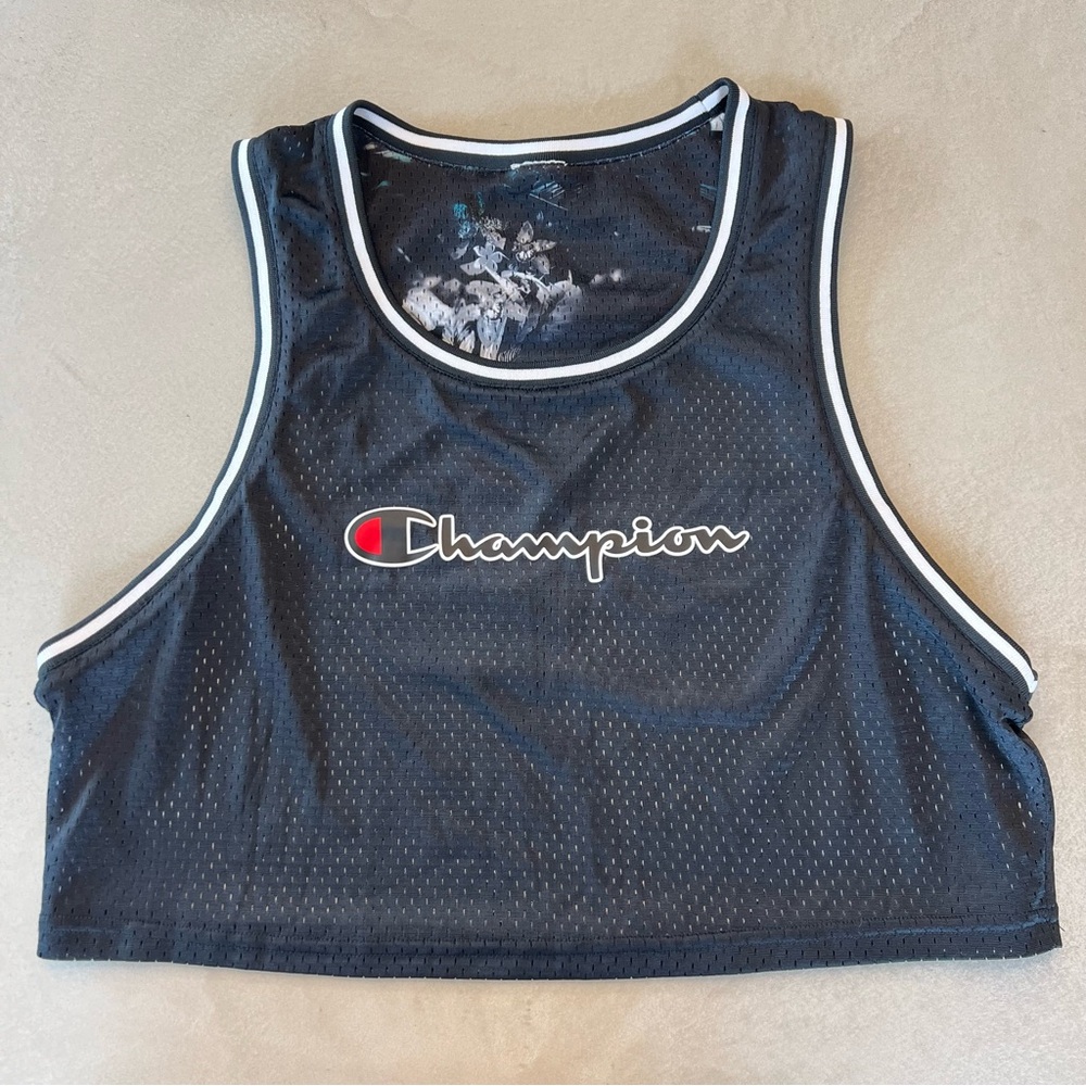 CHAMPION Cropped Mesh Reversible Basketball Jersey Tank Top, Black / Floral, S‎ - Picture 2 of 15